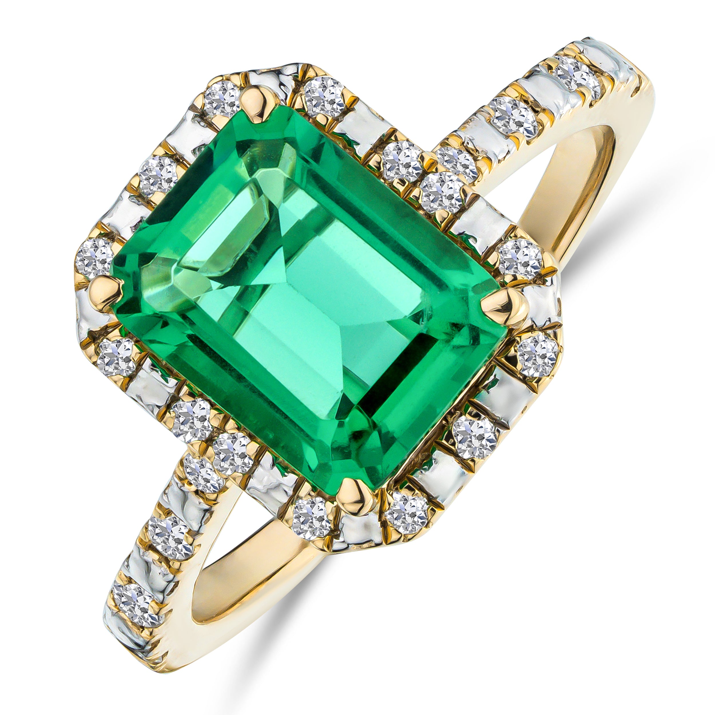 Astra 1.50ct Lab Emerald and Diamond Halo Shoulder Set Octagon Cut Ring in 18K Gold Vermeil